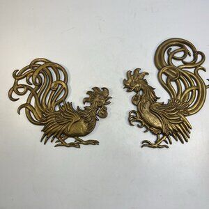 Vintage Vermay 2pc Fighting Rooster Cast Metal Wall Plaques Gold Mid Century
